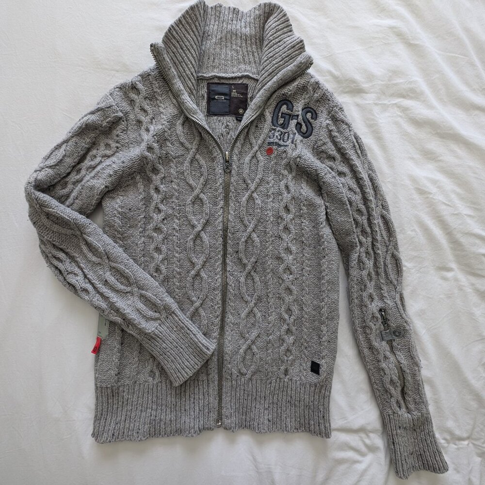 G-Star Gray Cable Knit Zip Up Sweater